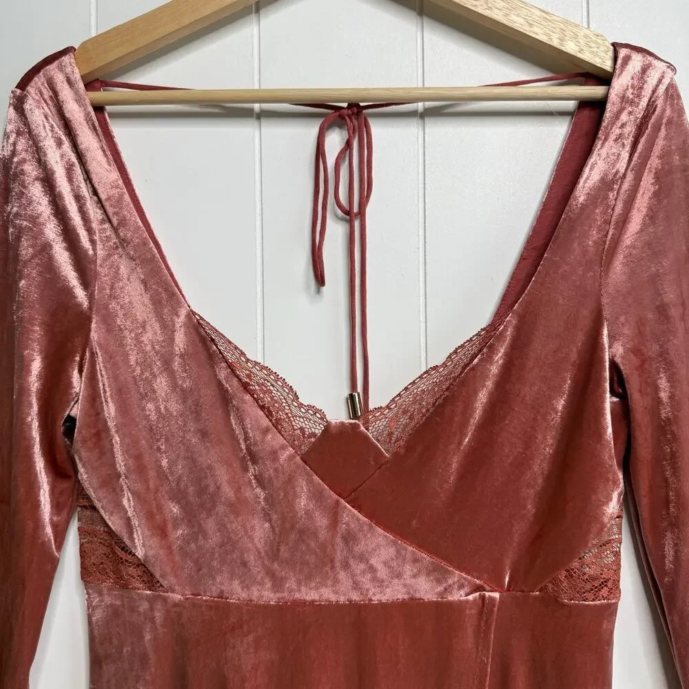 Free People mini dress velvet babydoll floral lace boho XS